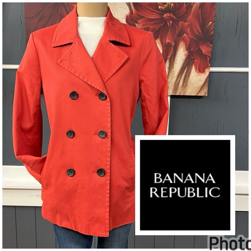 Banana Republic‎ Women's Sz Medium Peacoat Double Breasted Cotton Stretch Red